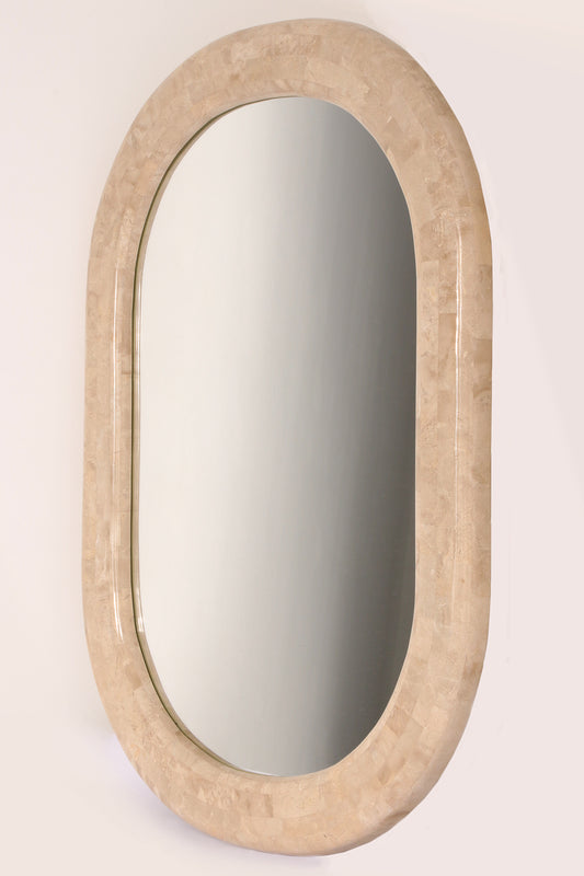 Beautiful large mirror with cream-coloured inlaid stone, 1970