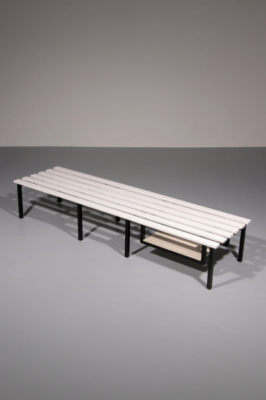 White Wooden Bench with Black Metal Frame