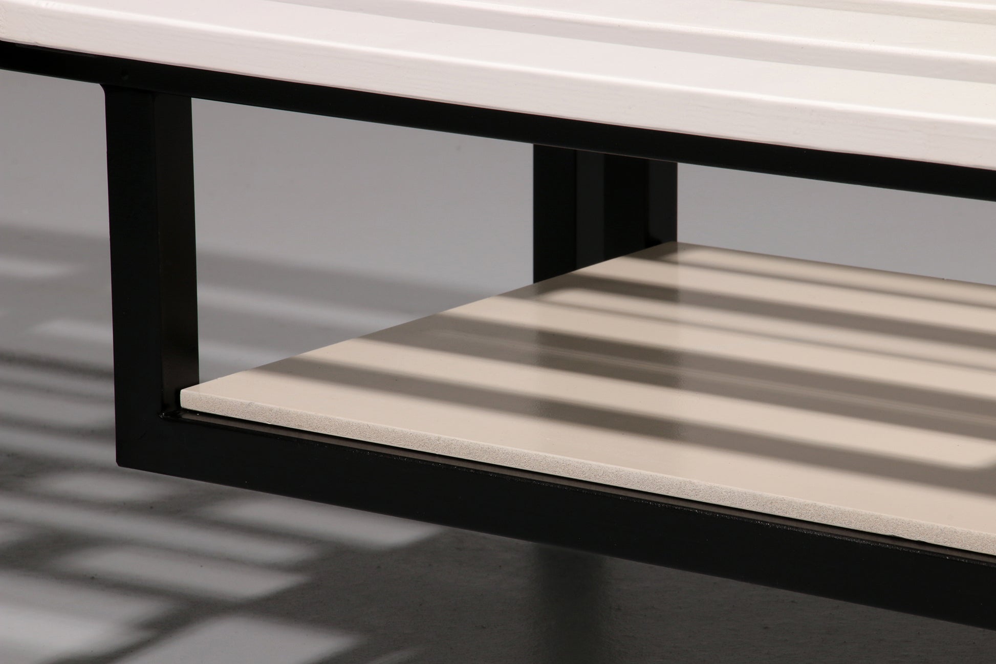 White Wooden Bench with Black Metal Frame