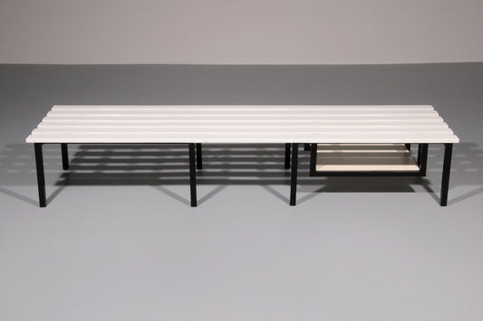 White Wooden Bench with Black Metal Frame