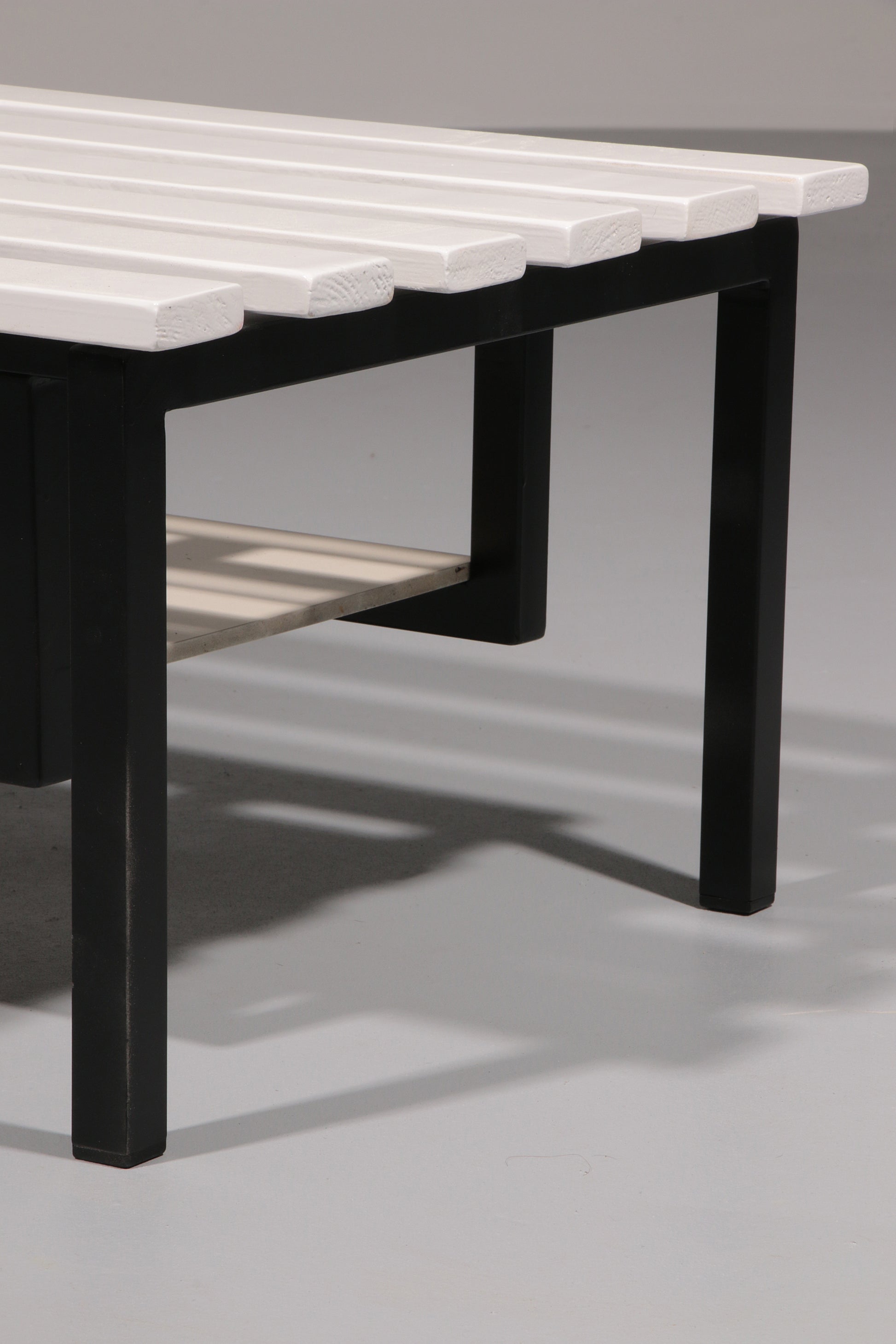 White Wooden Bench with Black Metal Frame