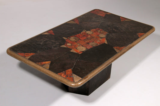 Elegant Mosaic Stone Coffee Table in the Style of Paul Kingma – Brass & Natural Stone Details