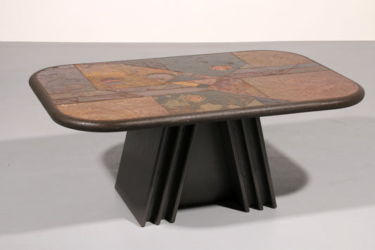 Brutalist Stone Coffee Table in the Style of Paul Kingma – Brass & Natural Stone Details