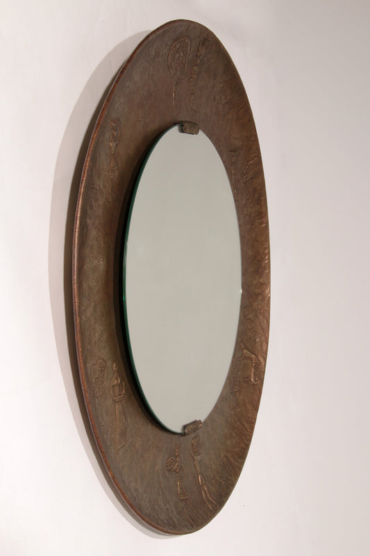 Sculptural Hammered Copper Mirror Attributed to Angelo Bragalini"