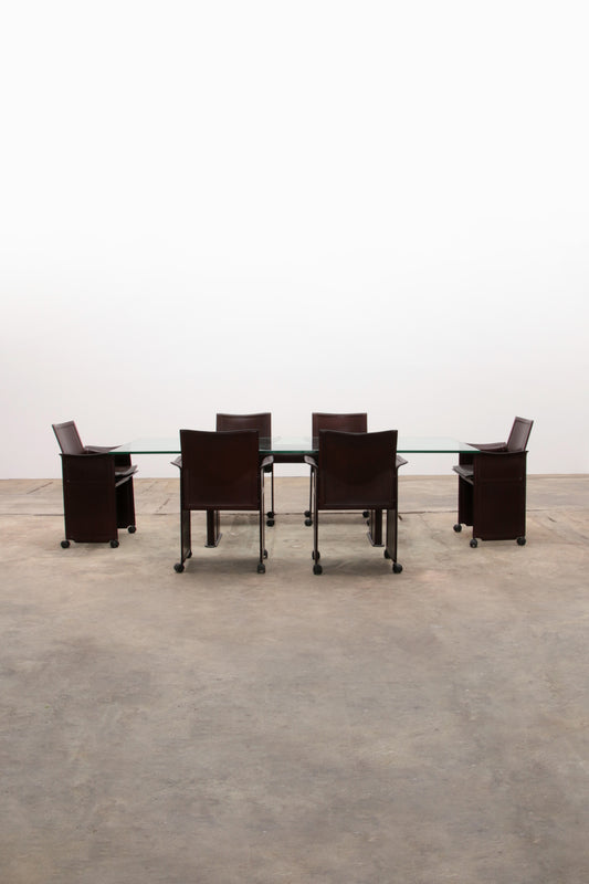 Tito Agnoli Leather Dining Table and Six Chairs Set