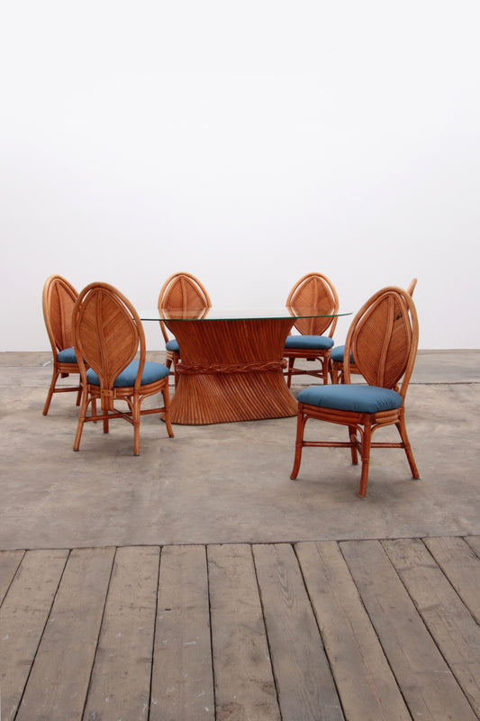 Bohemian Bamboe Mcguire eettafel set met 6 palmblad stoelen,1960 Frankrijk.