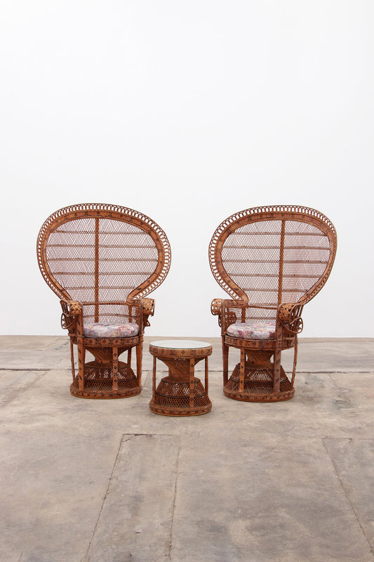 King Sized Emmanuelle Peacock Chairs with Side Table - Vintage Rattan Set