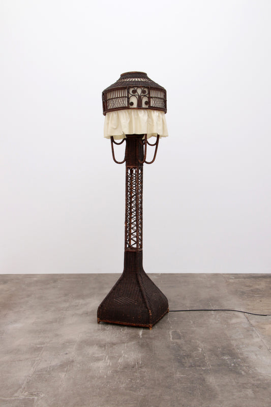 Bamboe Vloerlamp met Stoffenkap - Vintage Uitstraling uit de Jaren 50