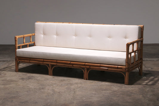 Vintage Italiaanse Bamboe Bank met Kussens uit de Jaren 70