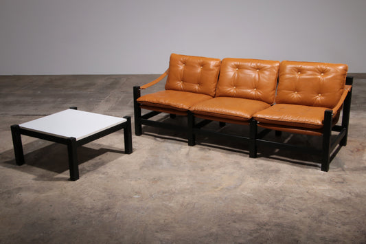 Vintage Leather Three-Seater Sofa with Coffee Table