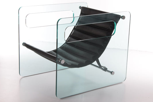 Zwarte leren stoel van Giovanni Tommaso Garattoni Italië glas en zwart leer zijkant