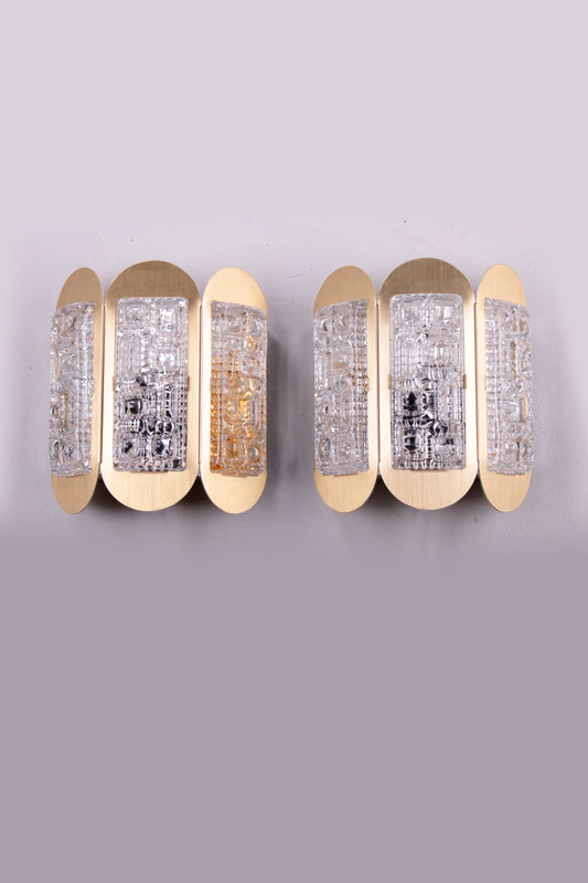 Set Vintage Wandlampjes van Vitrika messing met glas,60s.