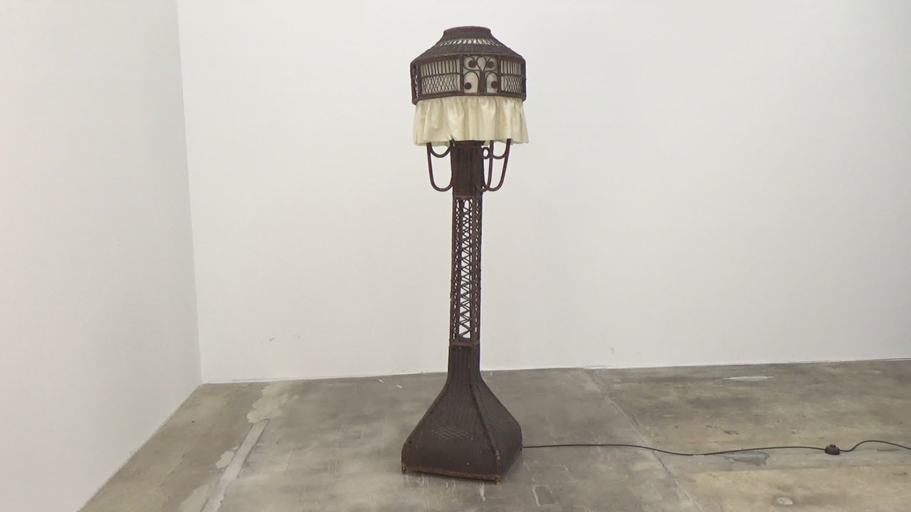 Bamboe Vloerlamp met Stoffenkap - Vintage Uitstraling uit de Jaren 50