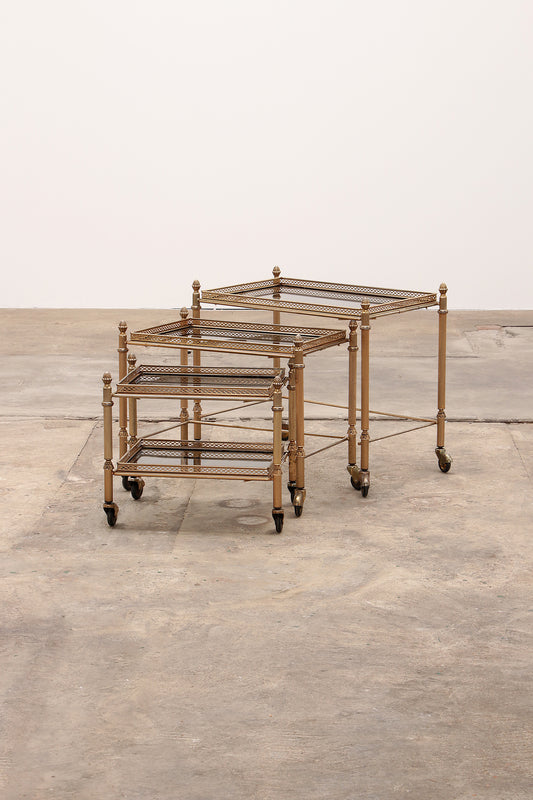 Maison Jansen Vintage Brass Trolley with Smoky Glass Tables