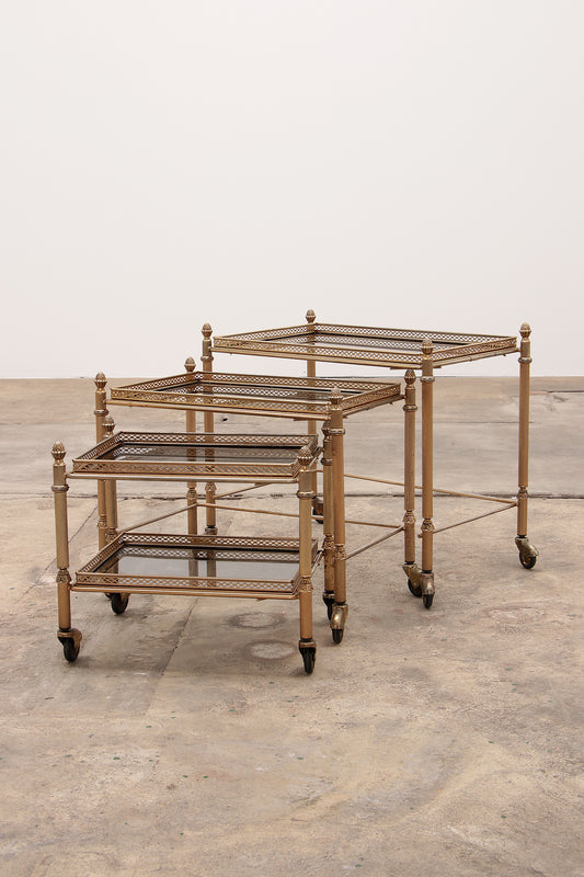 Maison Jansen Vintage Brass Trolley with Smoky Glass Tables