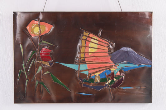 Koperen Wanddecoratie met Emaille boten jaren60 voorkant