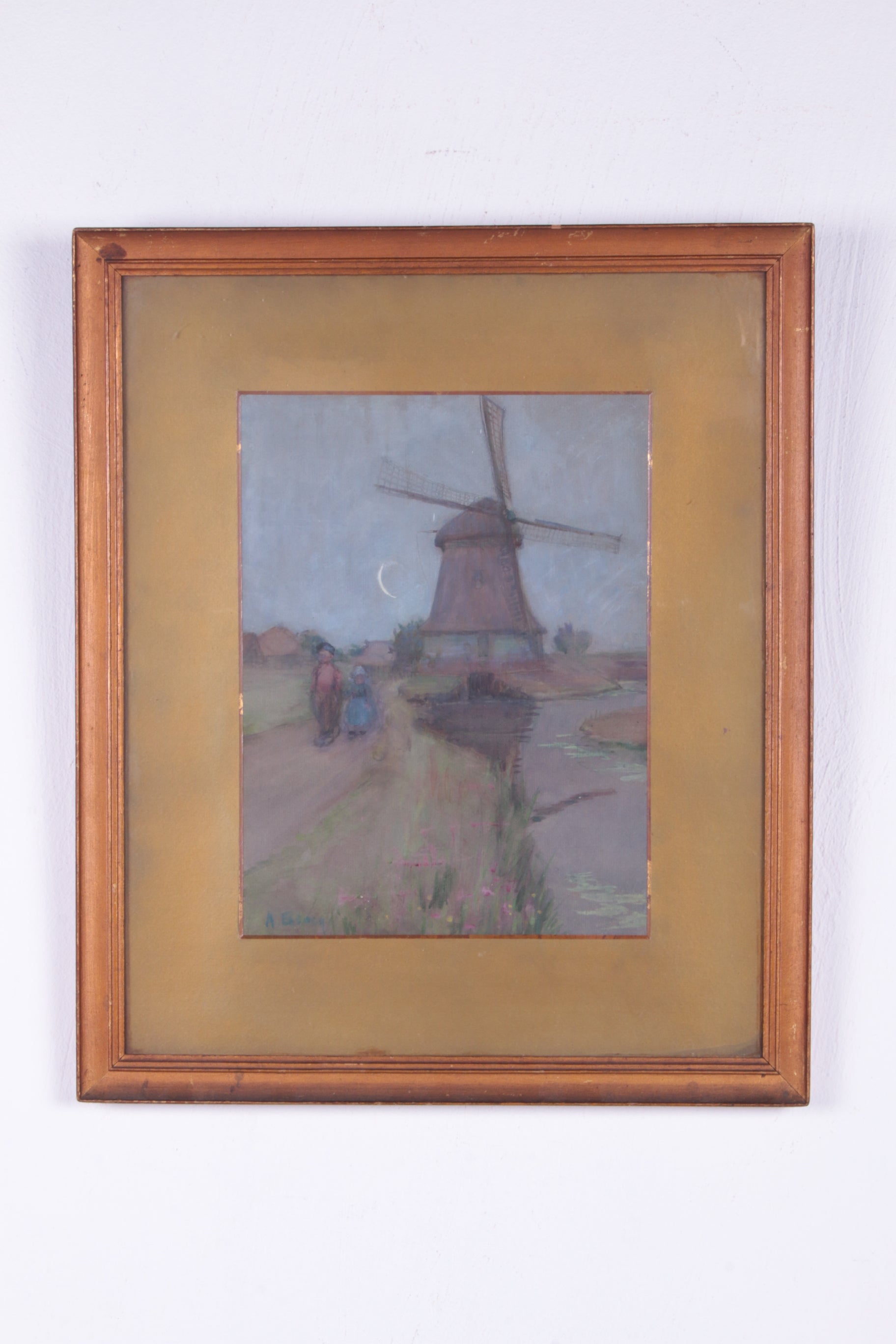 Mooi oud schilderij gemaakt van Wasco landschap met een molen,1923