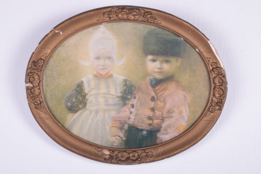 Brocante gouden lijst met print van Boerenkinderen,1960