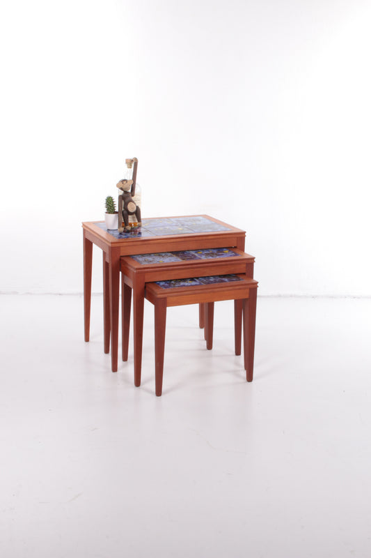 Vintage Danish Nesting Tables with Blue Ceramic Tiles