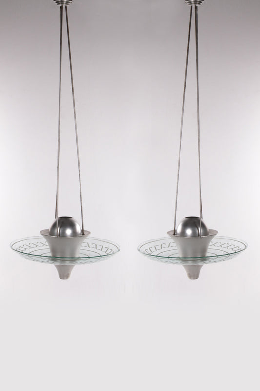 2 Art Deco Grote Hanglampen met geslepen glas Engeland 1930