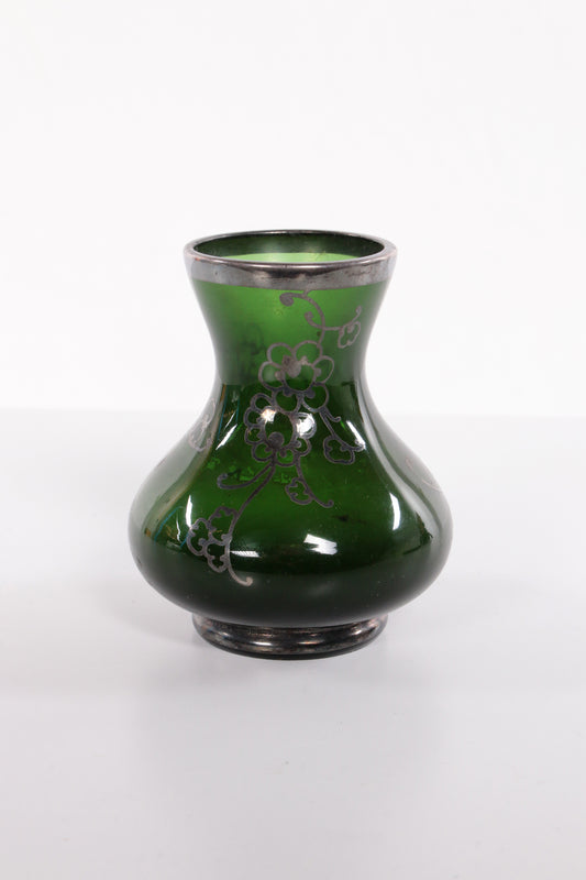 French Green Vase with Silver Floral Design, 1940