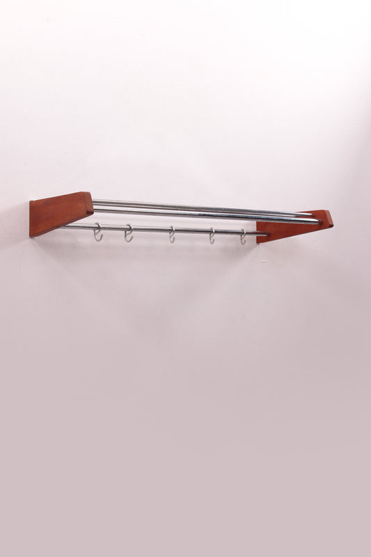Deens Design Teakhouten Wand kapstok met chrome haken,60s.