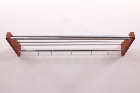 Deens Design Teakhouten Wand kapstok met chrome haken,60s.