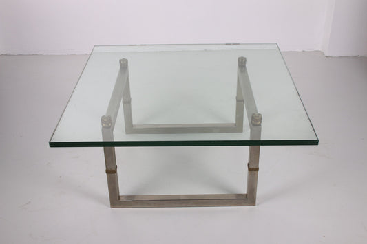 Peter Ghyczy glazen salontafel met roestvrij stalen frame Biri T29 voorkant