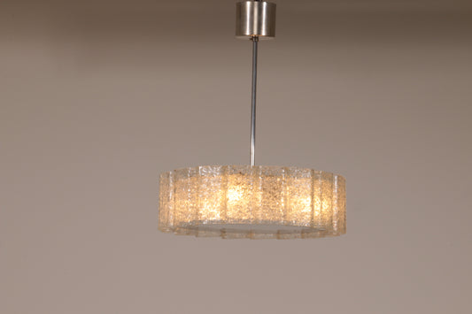 "Doria Leuchten Ice Glass Hanging Lamp with Relief Glass Cylinders, 1960s"