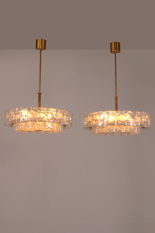 "Pair of Doria Leuchten Mid-Century Brass & Crystal Chandeliers, 1960s"