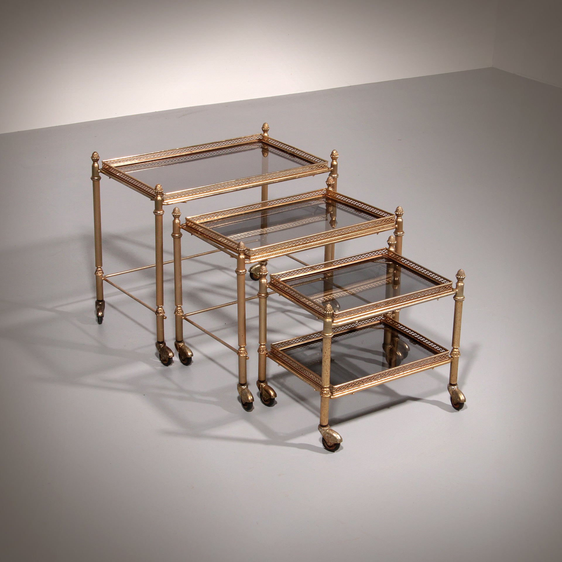 Maison Jansen Vintage Brass Trolley with Smoky Glass Tables