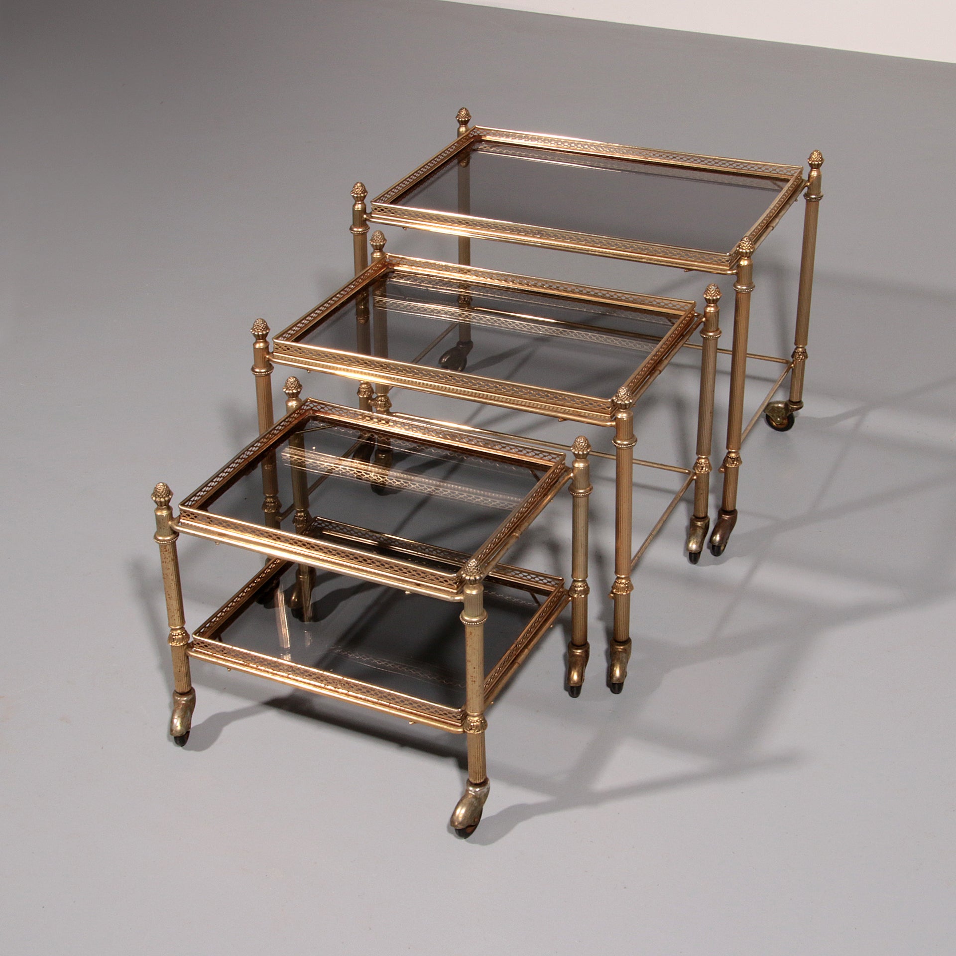 Maison Jansen Vintage Brass Trolley with Smoky Glass Tables