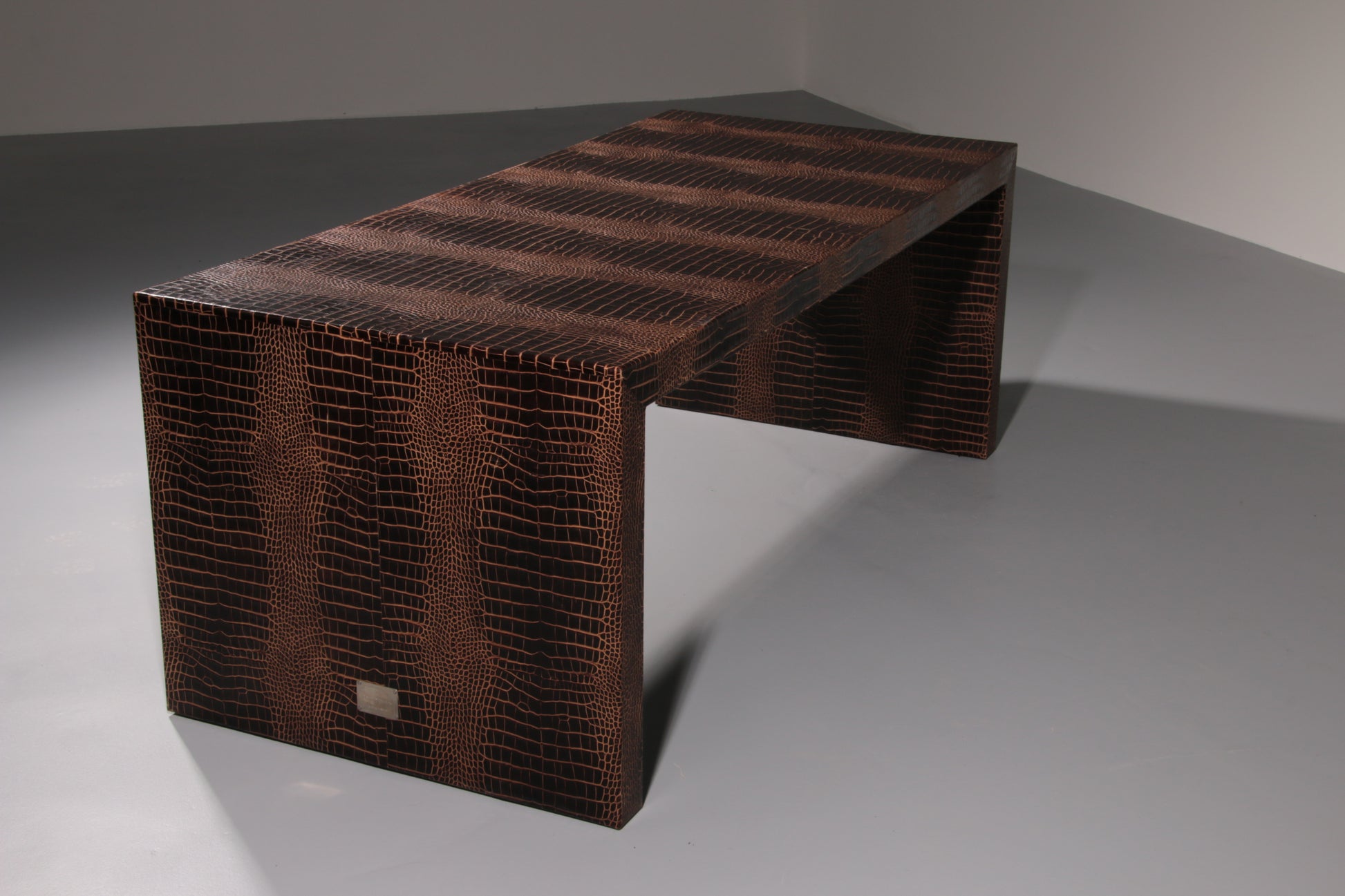 Philipp Plein office brown desk in split leather with a crocodile skin effect 1978