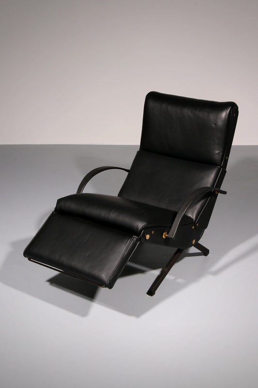 Italian Black Leather Adjustable P40 Relax Chair by Osvaldo Borsani Tecno.