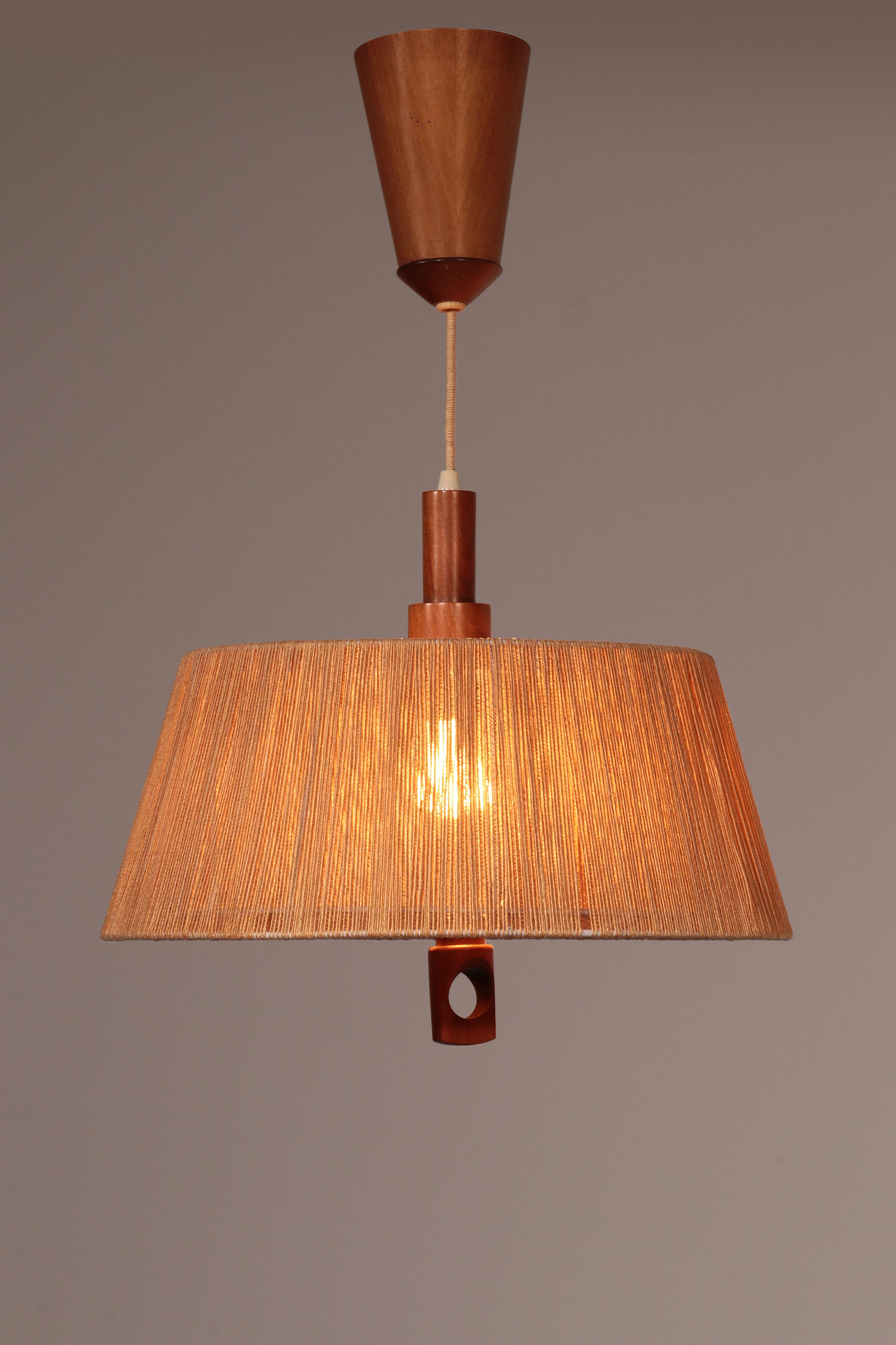 Vintage Temde Pendant Lamp With Walnut And Raffia 1960s