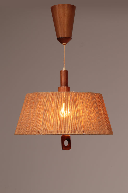 Vintage Temde Pendant Lamp With Walnut And Raffia 1960s