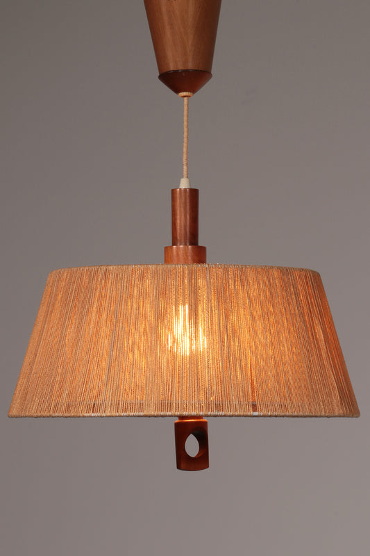 Vintage Temde Pendant Lamp With Walnut And Raffia 1960s