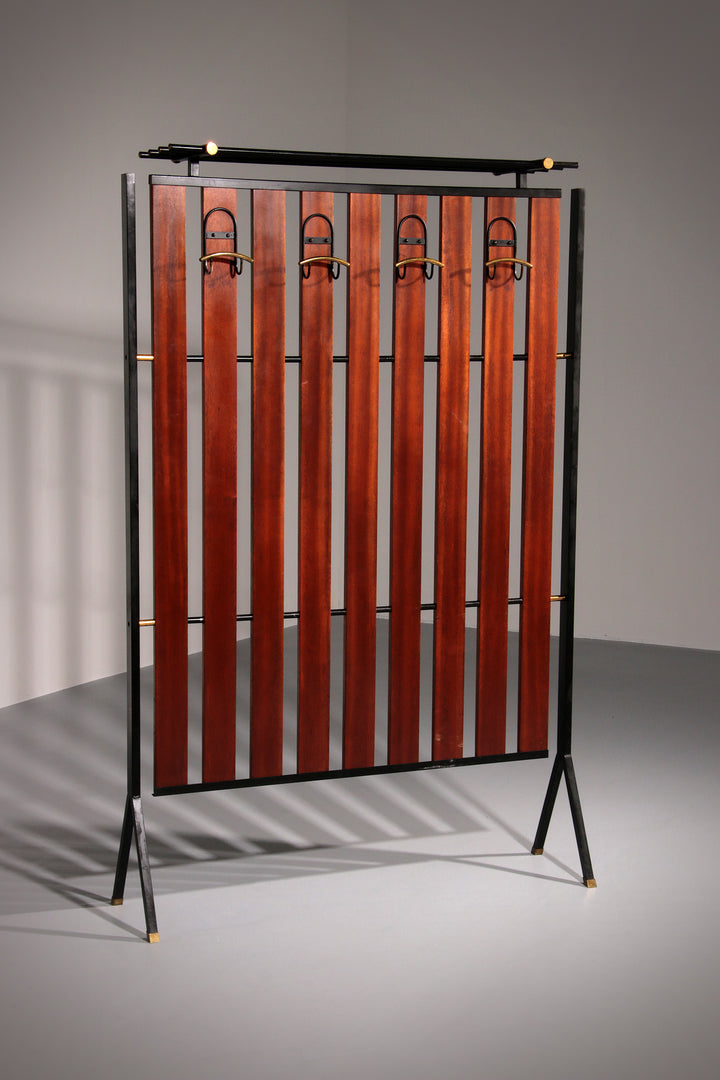 Italian Vintage Elegance – Brass and Teak Wall Clothes Hanger from the 1950s-1960s