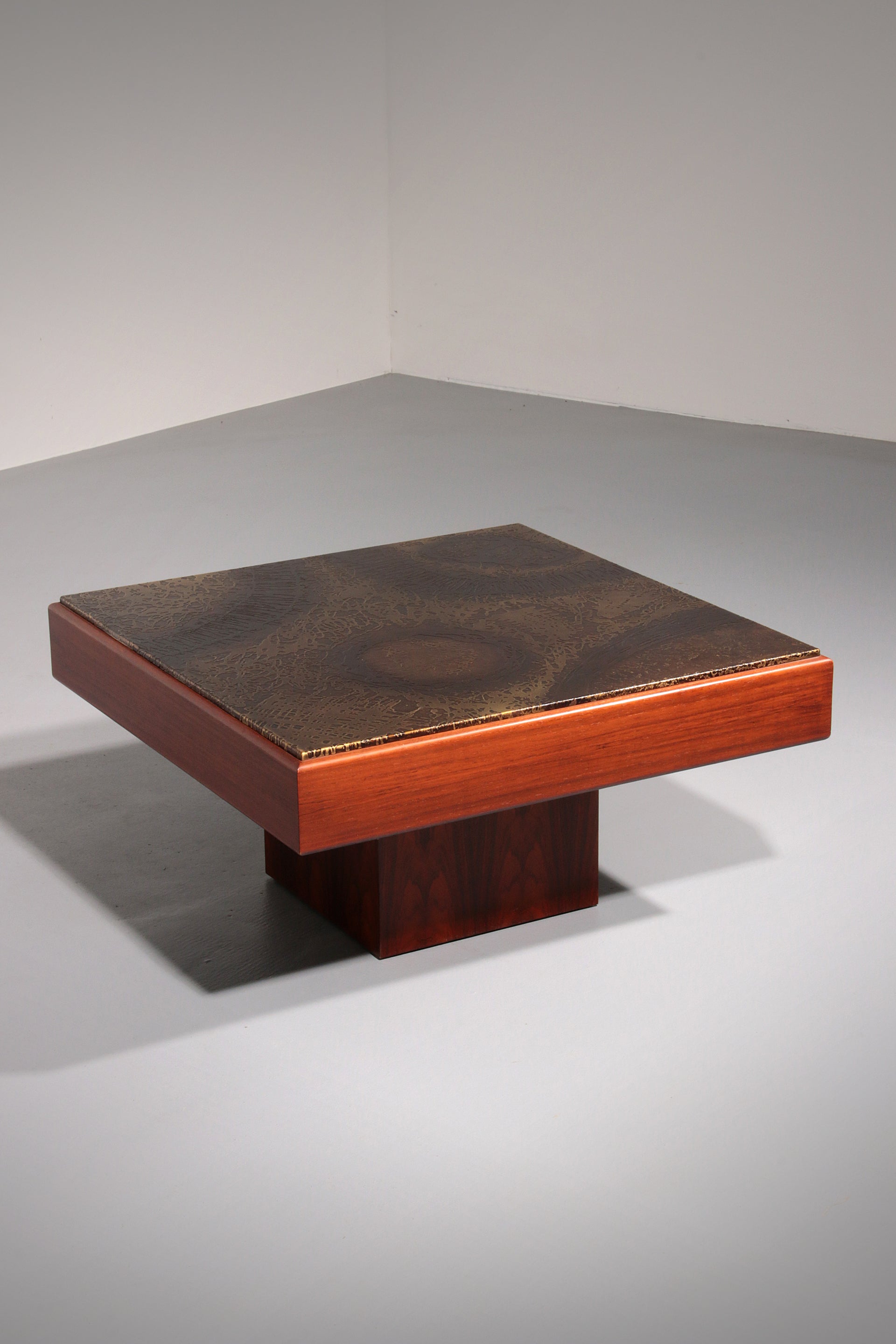 Brutalist Coffee Table with Copper Top and Wooden Base 1970