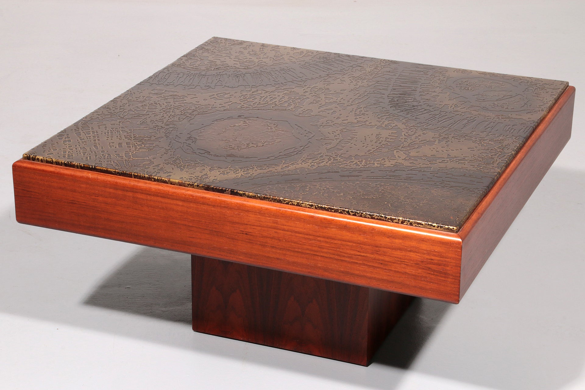 Brutalist Coffee Table with Copper Top and Wooden Base 1970