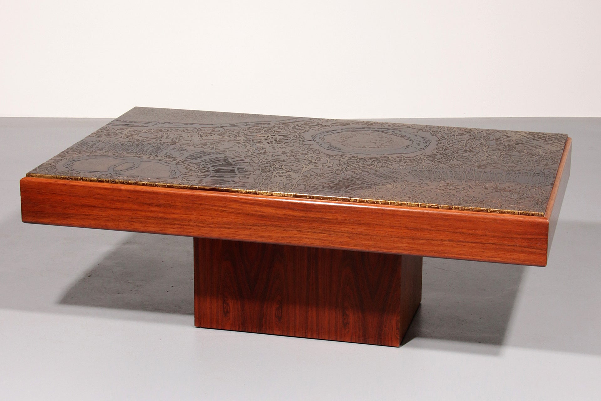 Brutalist Coffee Table with Copper Top and Wooden Base