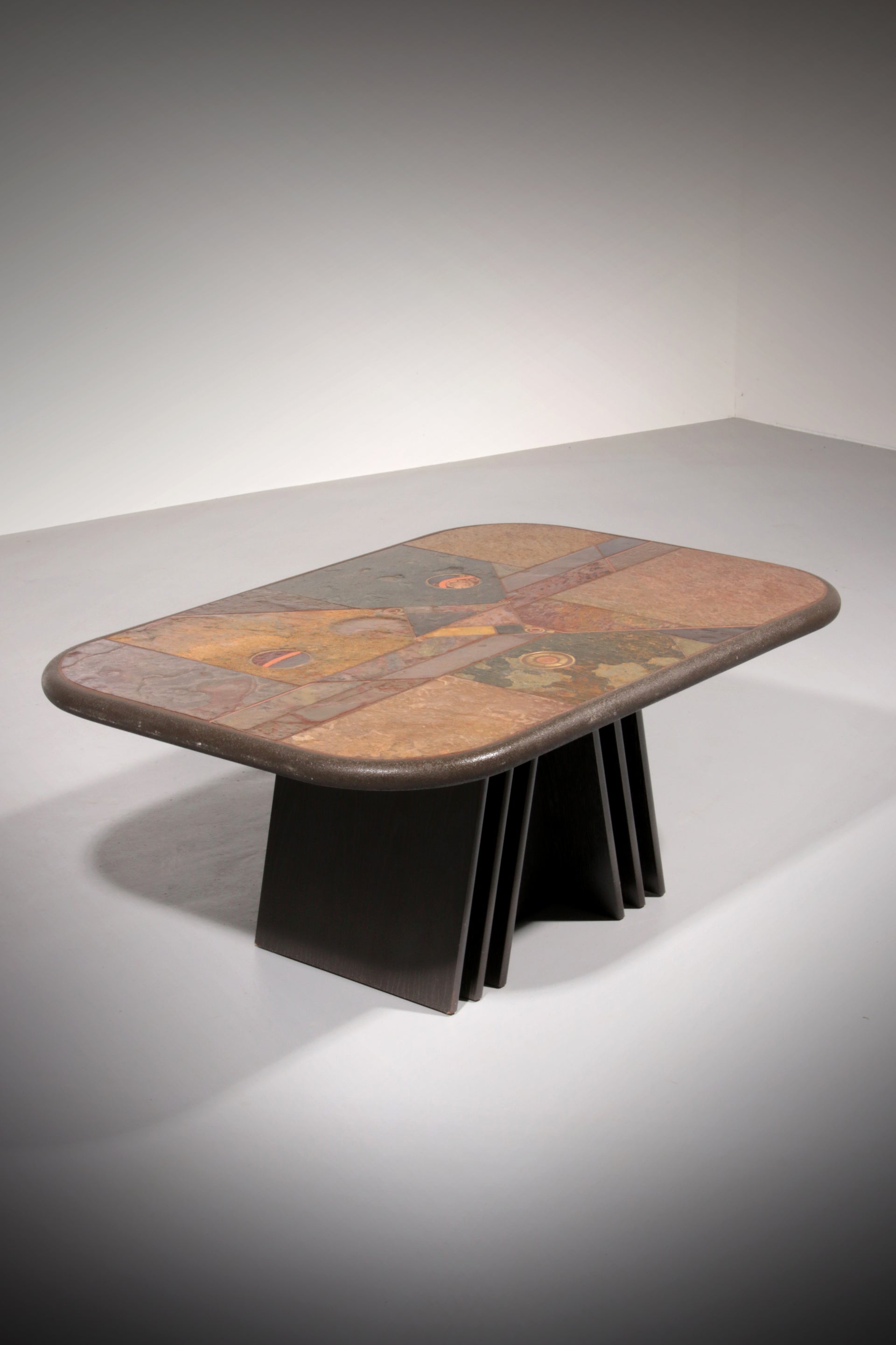 Brutalist  Stone Coffee Table in the Style of Paul Kingma – Brass & Natural Stone Details