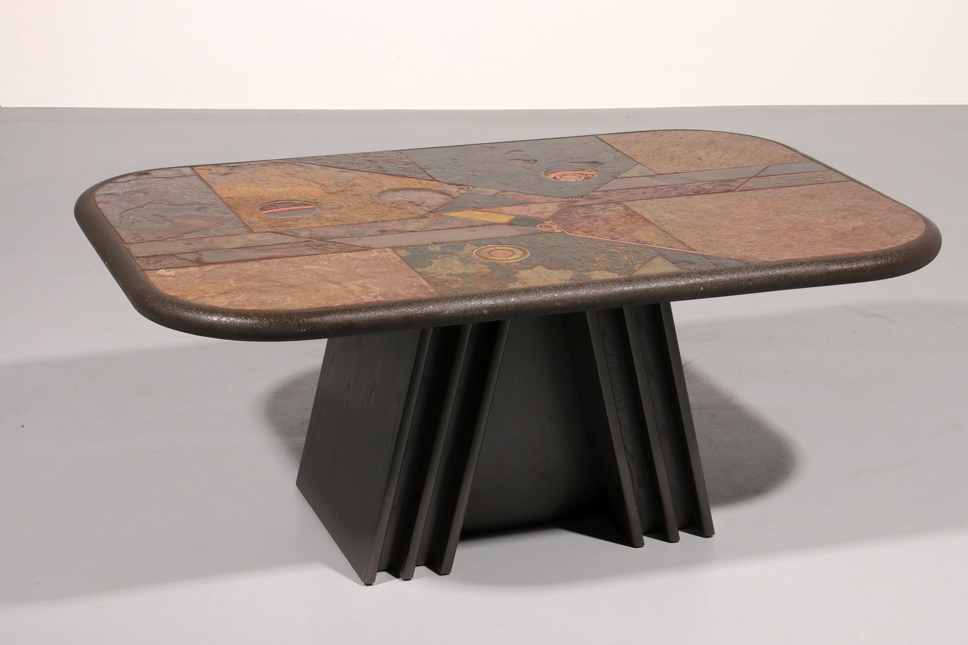 Brutalist  Stone Coffee Table in the Style of Paul Kingma – Brass & Natural Stone Details