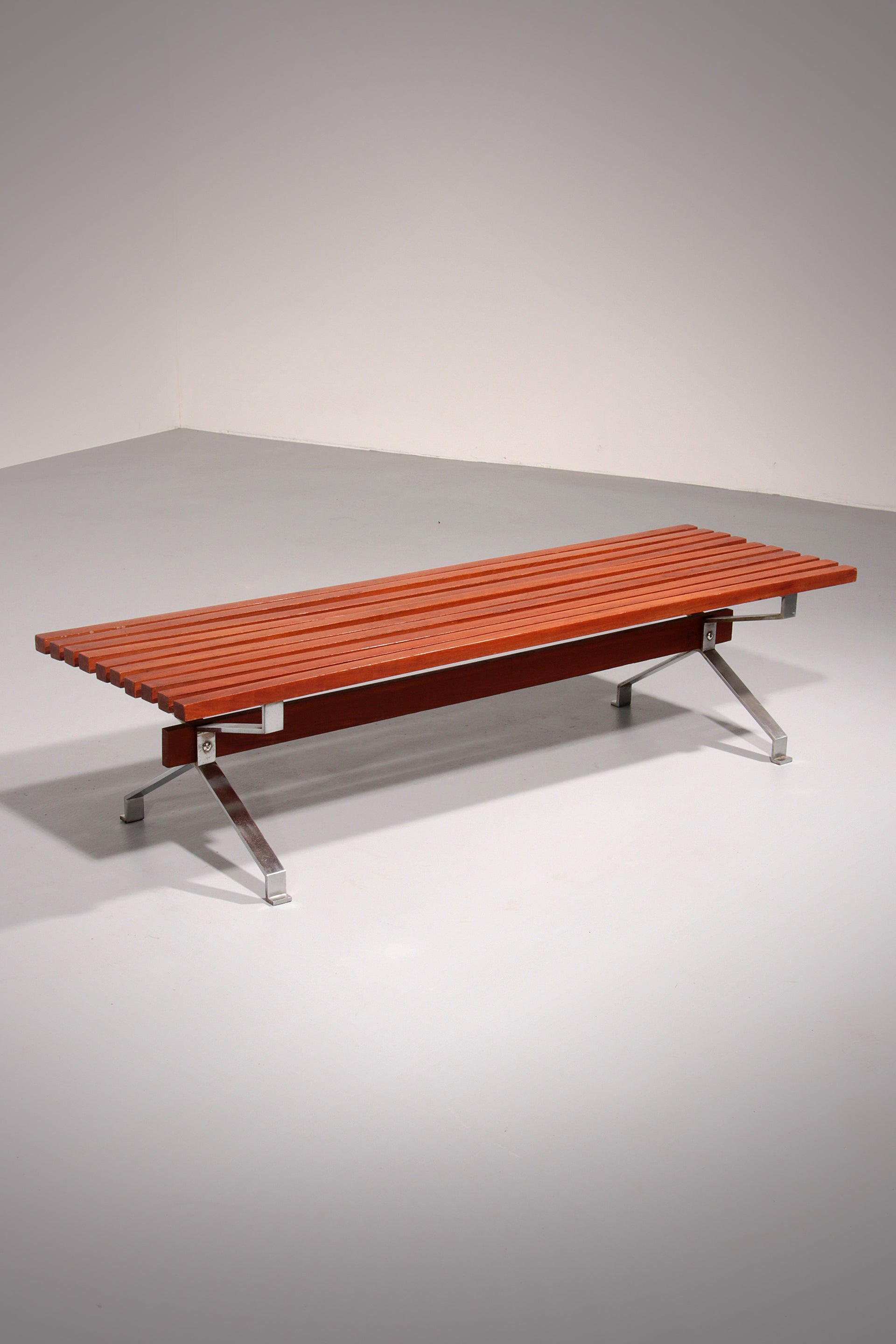 Italian Teak and Steel Elegance Bench from the 1960s