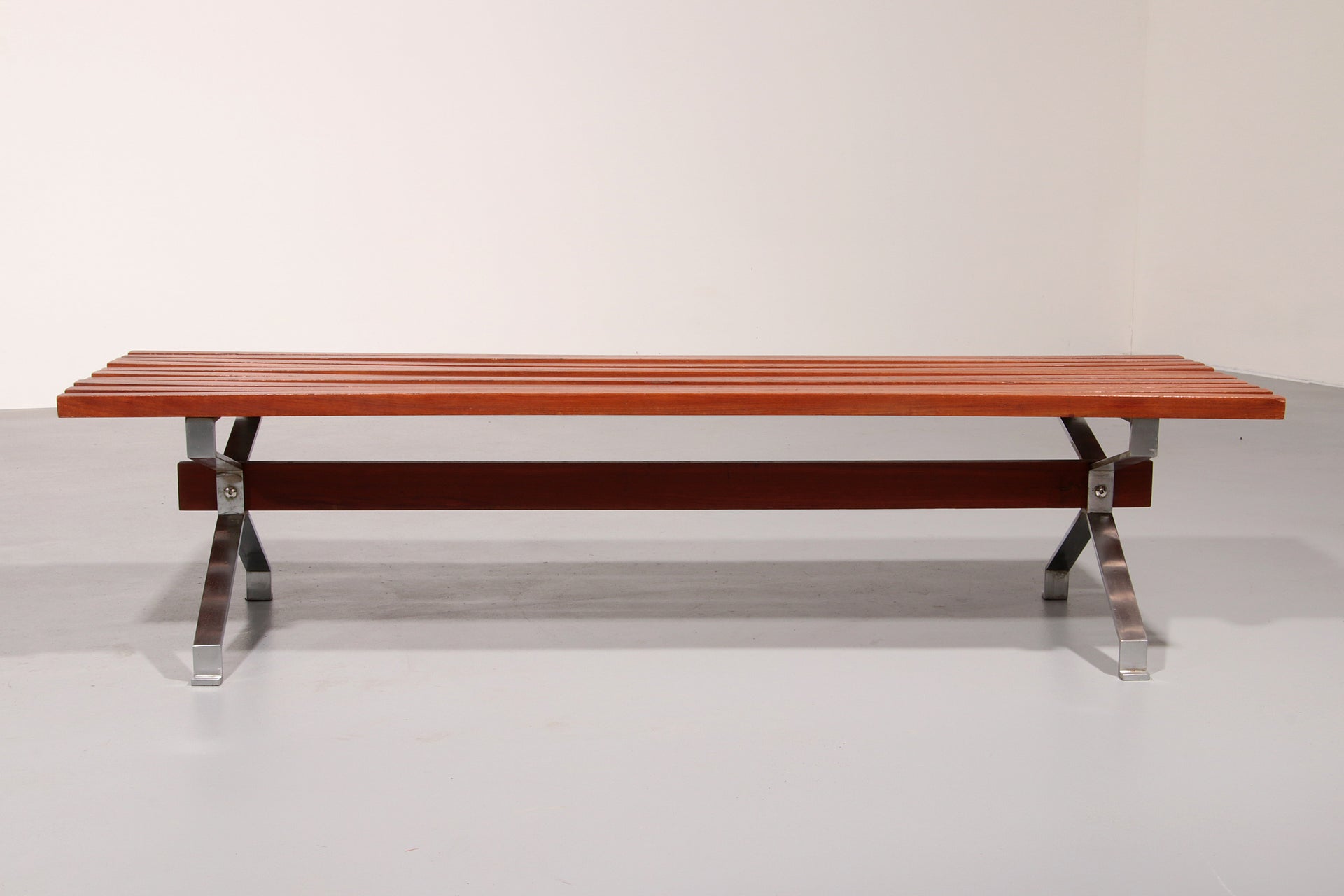 Italian Teak and Steel Elegance Bench from the 1960s