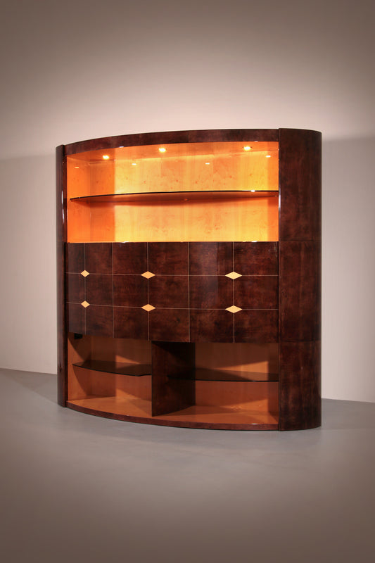 Iconic Aldo Tura Brown Goatskin Bar Cabinet with Electric Lift & Mirror Interior.