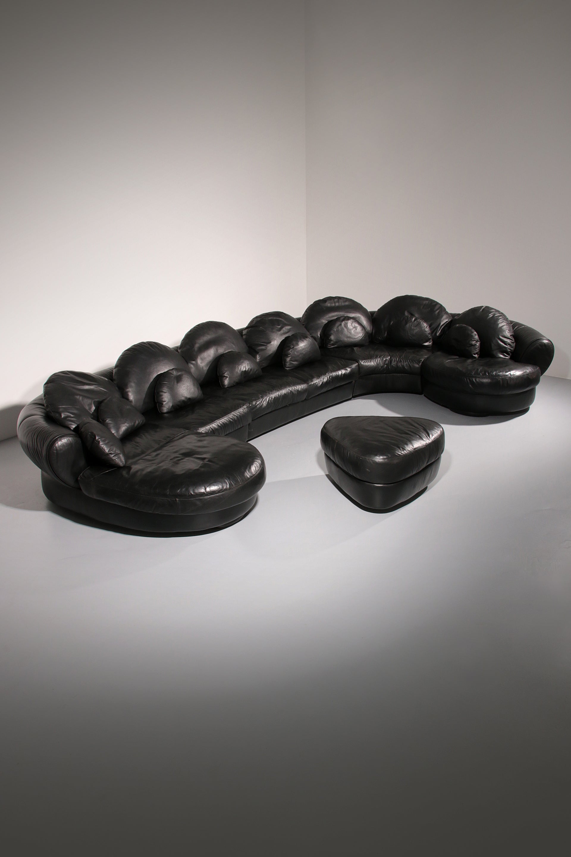 Organically Shaped Post-Modern Sectional Sofa in Black Leather