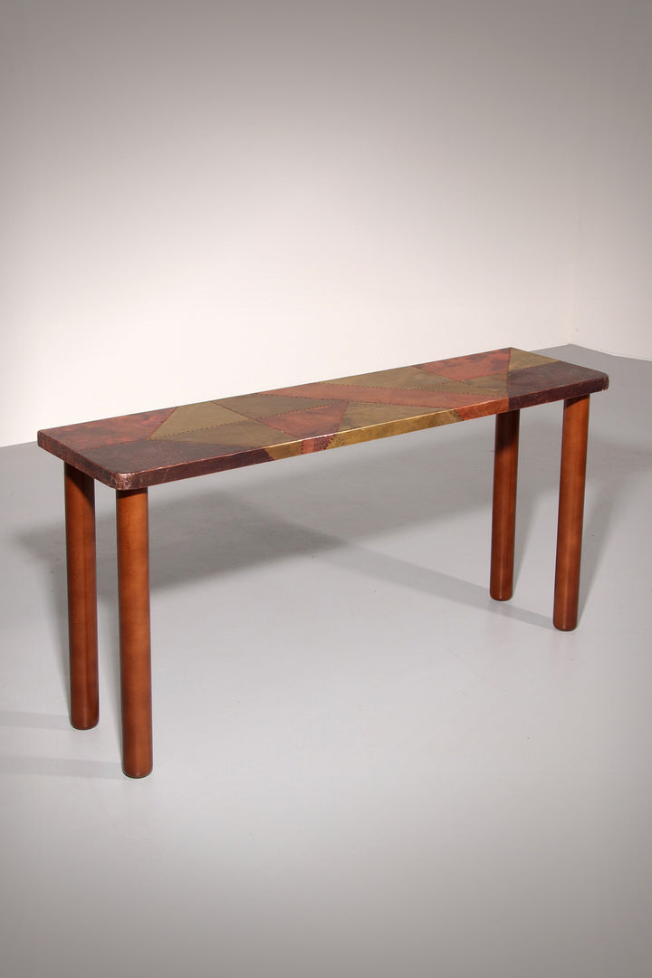 Lorenzo Burchiellaro, side table, copper and stained beechwood, Italy, 1960s.