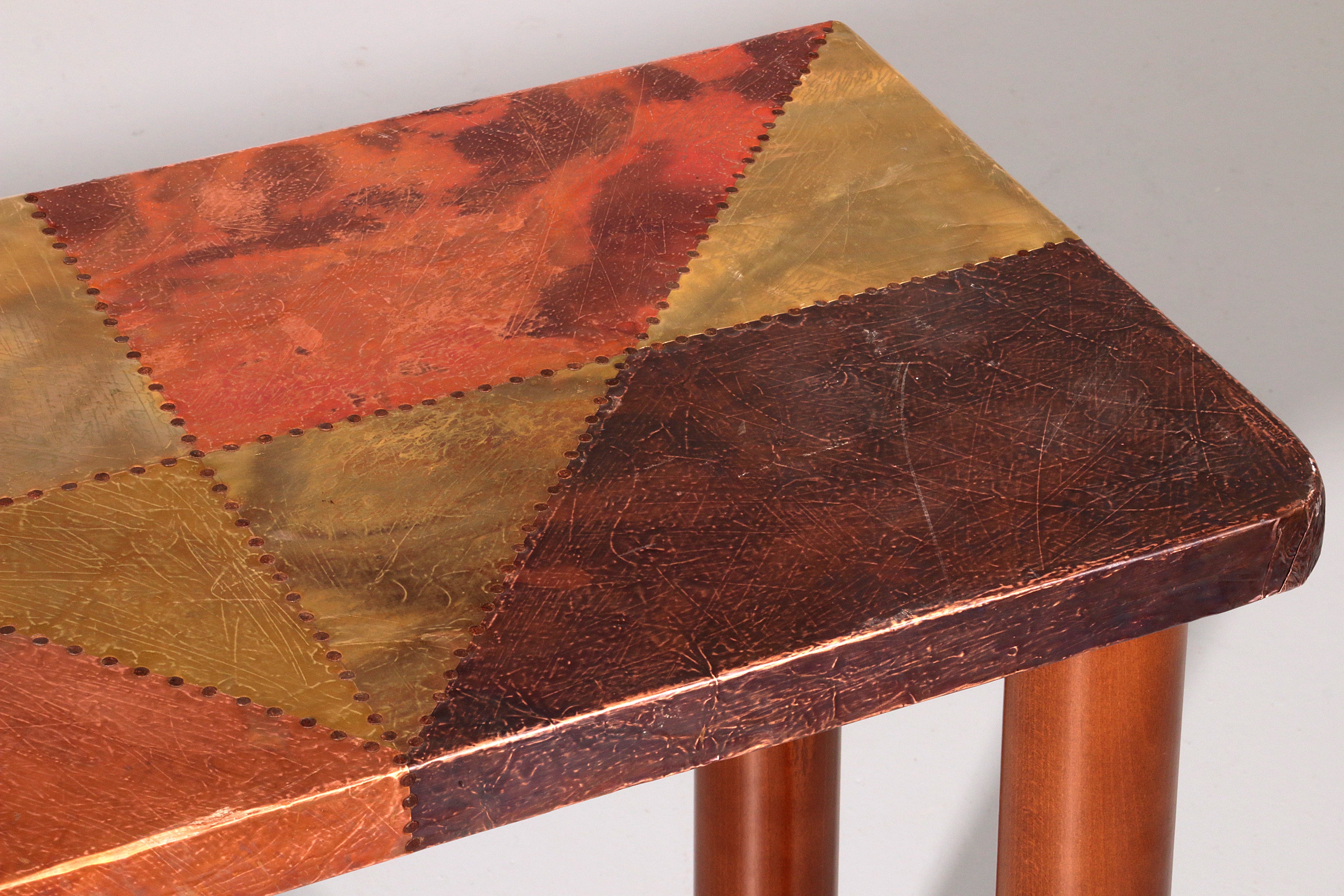 Lorenzo Burchiellaro, side table, copper and stained beechwood, Italy, 1960s.