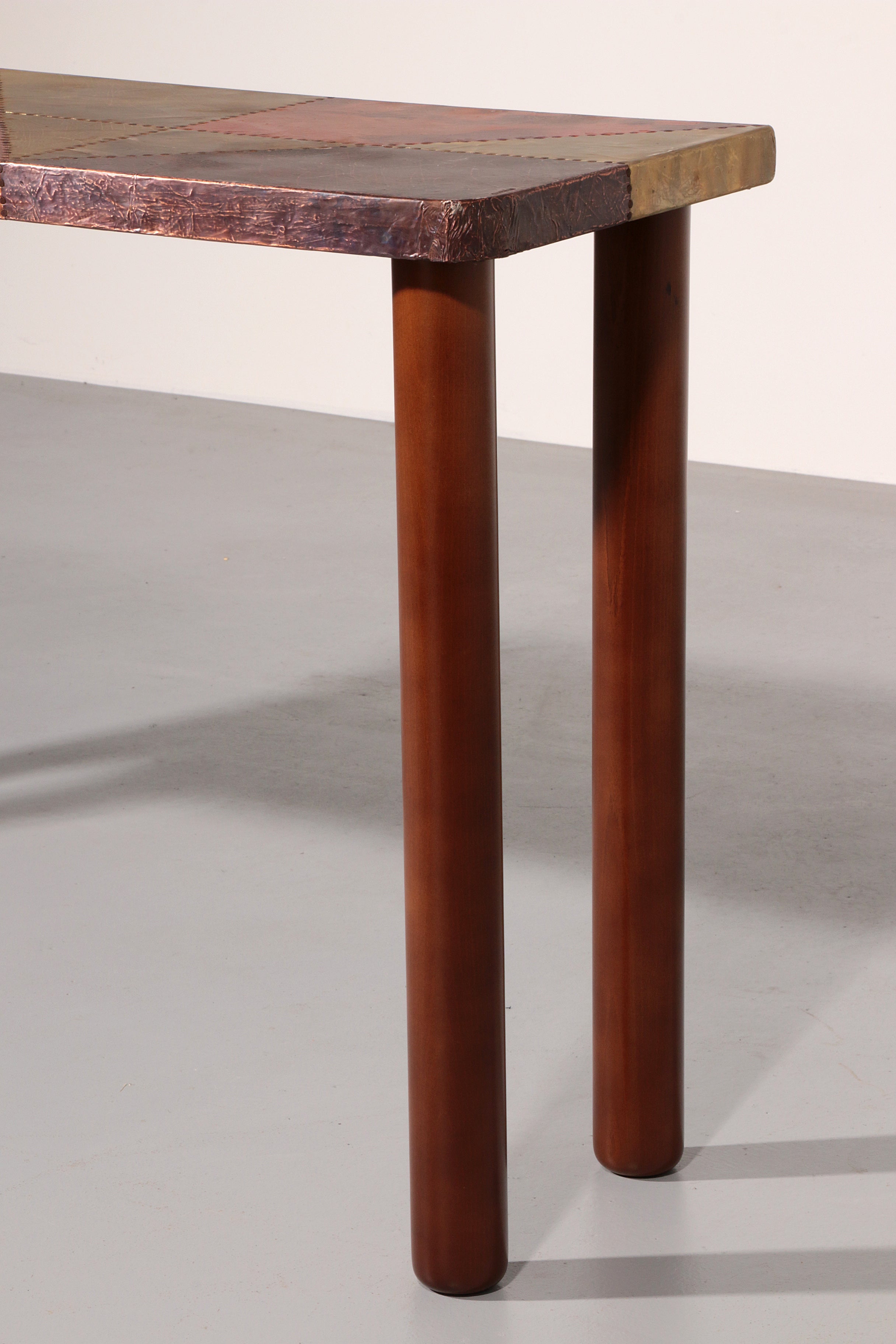 Lorenzo Burchiellaro, side table, copper and stained beechwood, Italy, 1960s.